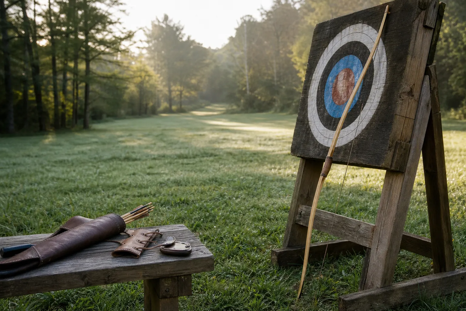 A traditional longbow rests beside archery gear at an outdoor range on a quiet morning.