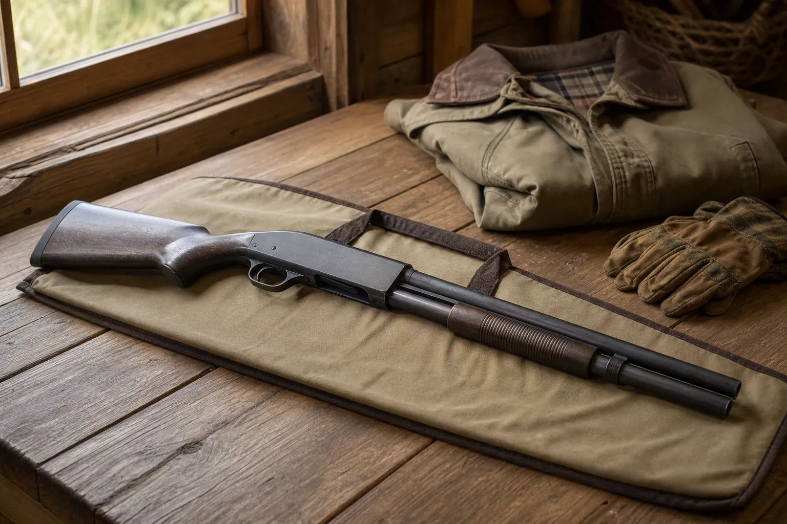 A generic pump shotgun lies safely beside a canvas case and hunting gear on a table.