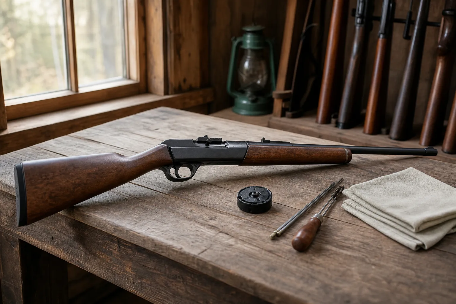 A rimfire rifle rests on a wooden table beside a detached magazine in a rustic indoor setting.