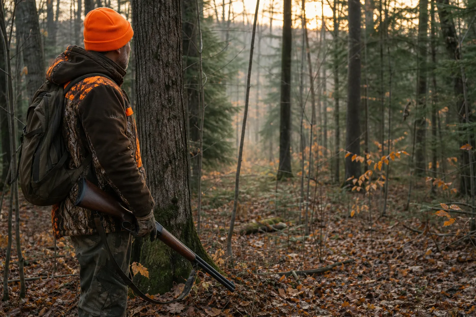 A hunter carries a lever action rifle safely through a quiet hardwood forest at dawn.