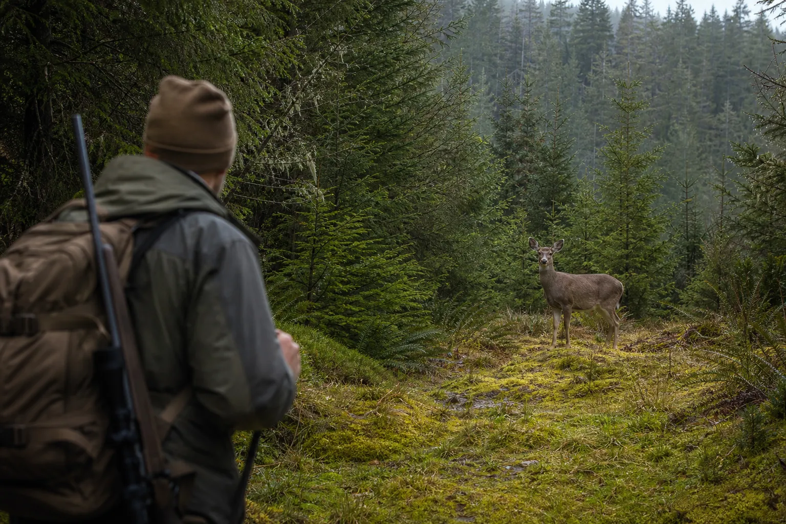 A black tailed deer stands at the edge of a moist coastal forest clearing with evergreens and ferns around it.