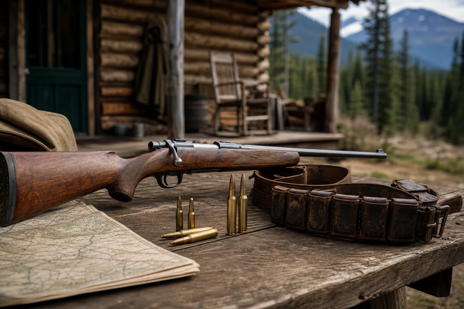 A vintage hunting rifle, brass cartridges, and old camp gear on a wooden table in a rustic hunting setting.