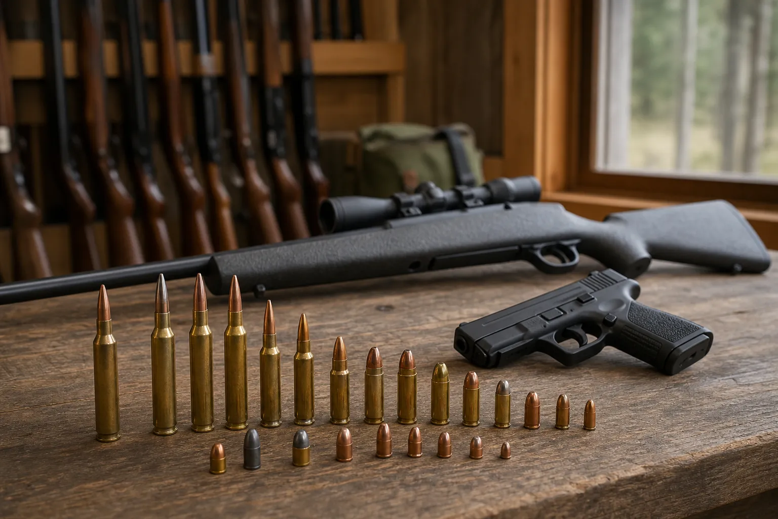 A tabletop still life shows assorted cartridges, loose bullets, and an unloaded rifle and handgun laid out safely for a caliber reference article.