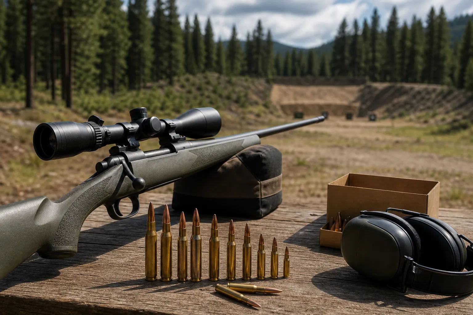 Several hunting cartridges and an unloaded rifle rest on a bench at an outdoor range with safety gear nearby.
