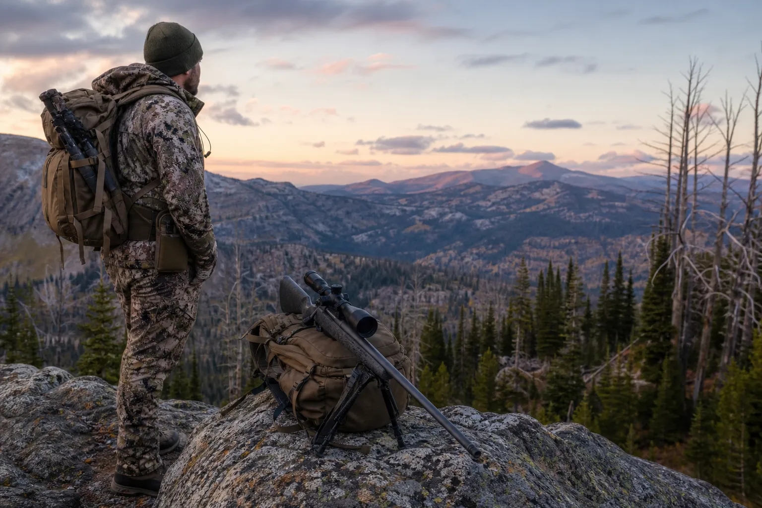 A hunter stands in a mountain landscape beside a safely rested rifle at sunrise.