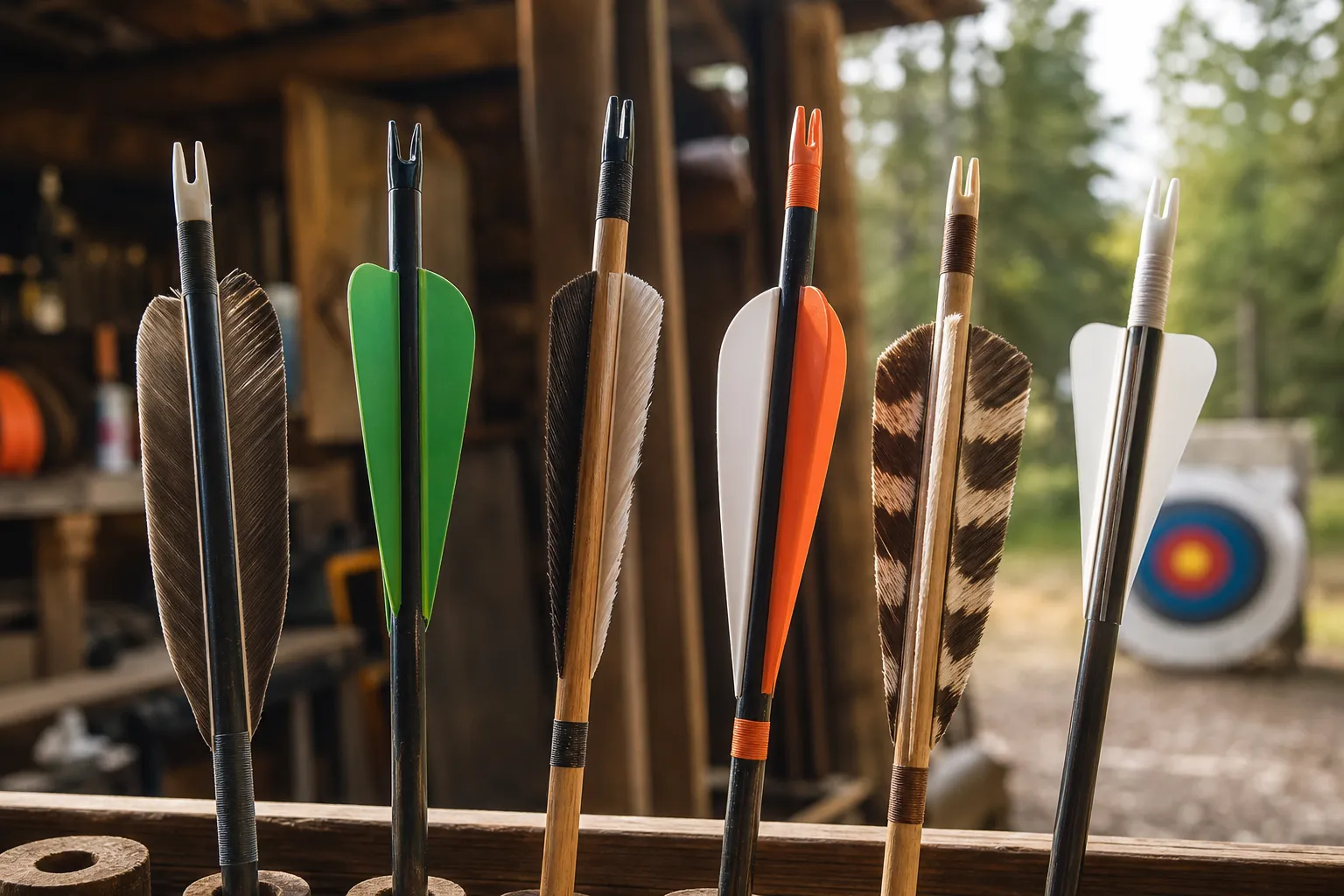 Close up of arrow feathers and vanes attached to the rear of several arrows.