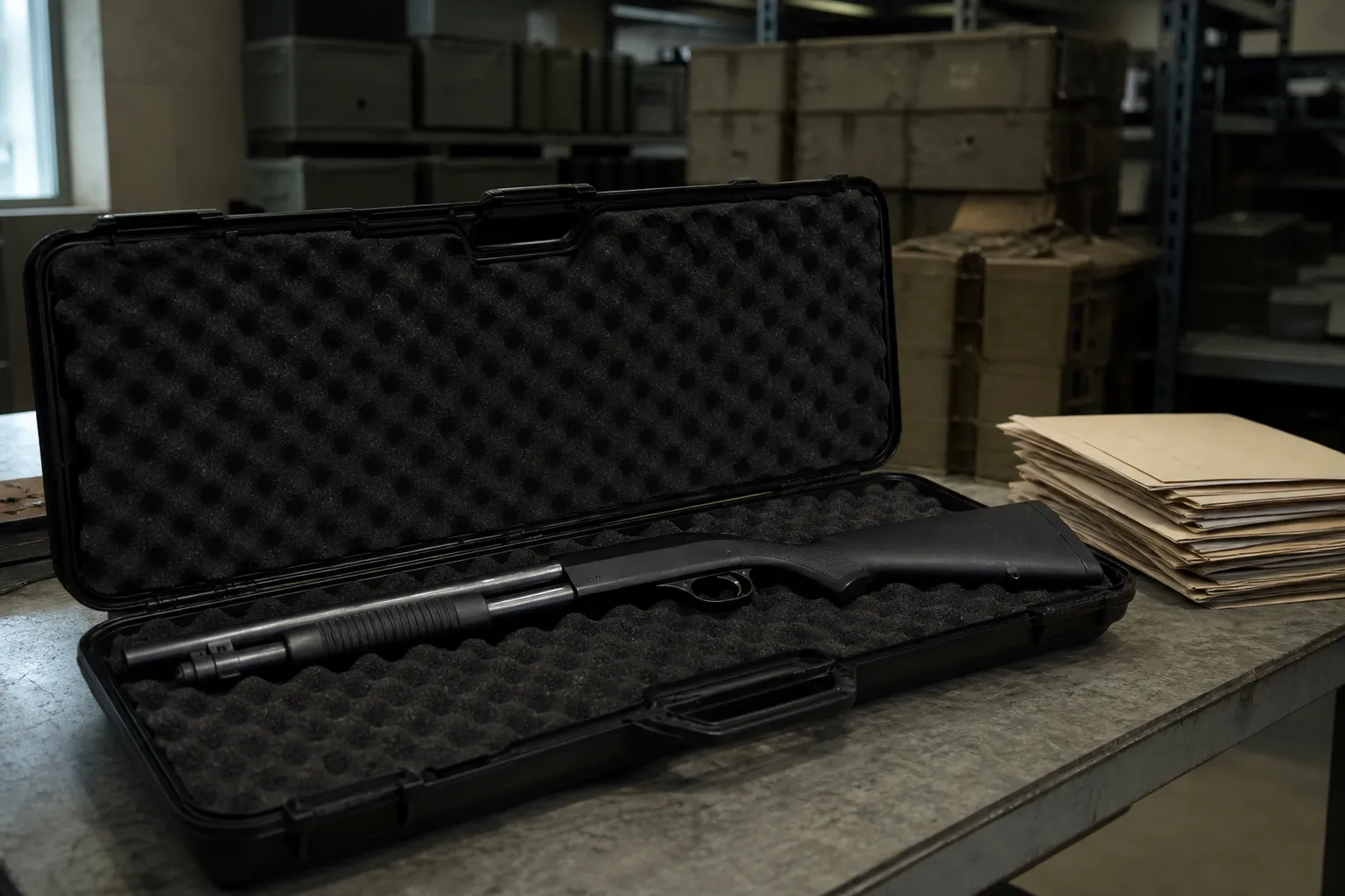 A generic pump shotgun lies safely in a case on a table in a military style storage room.