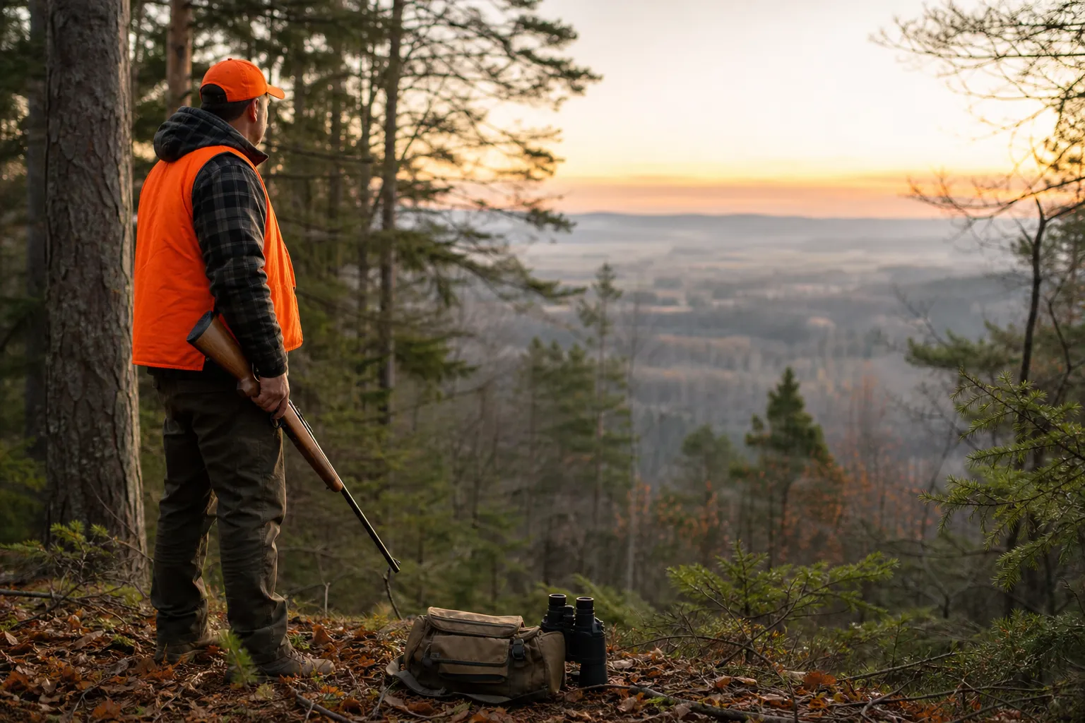 An adult hunter stands quietly at the edge of a forest with a rifle pointed safely downward.
