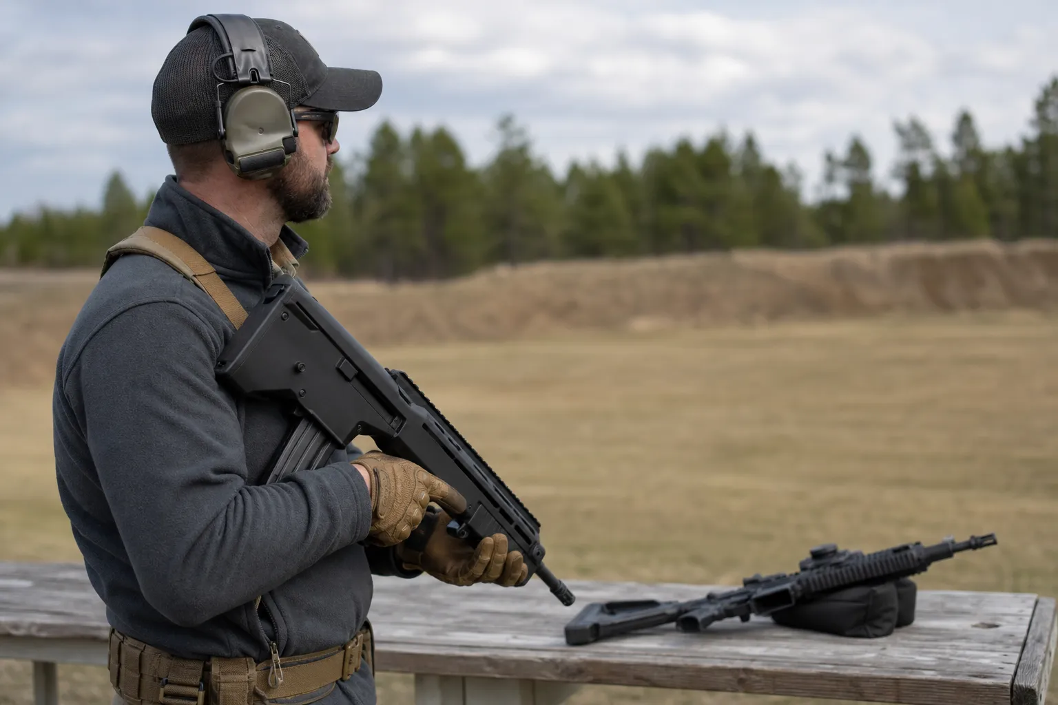 An adult holding a bullpup rifle safely at low ready on an outdoor range, showing its compact balance.