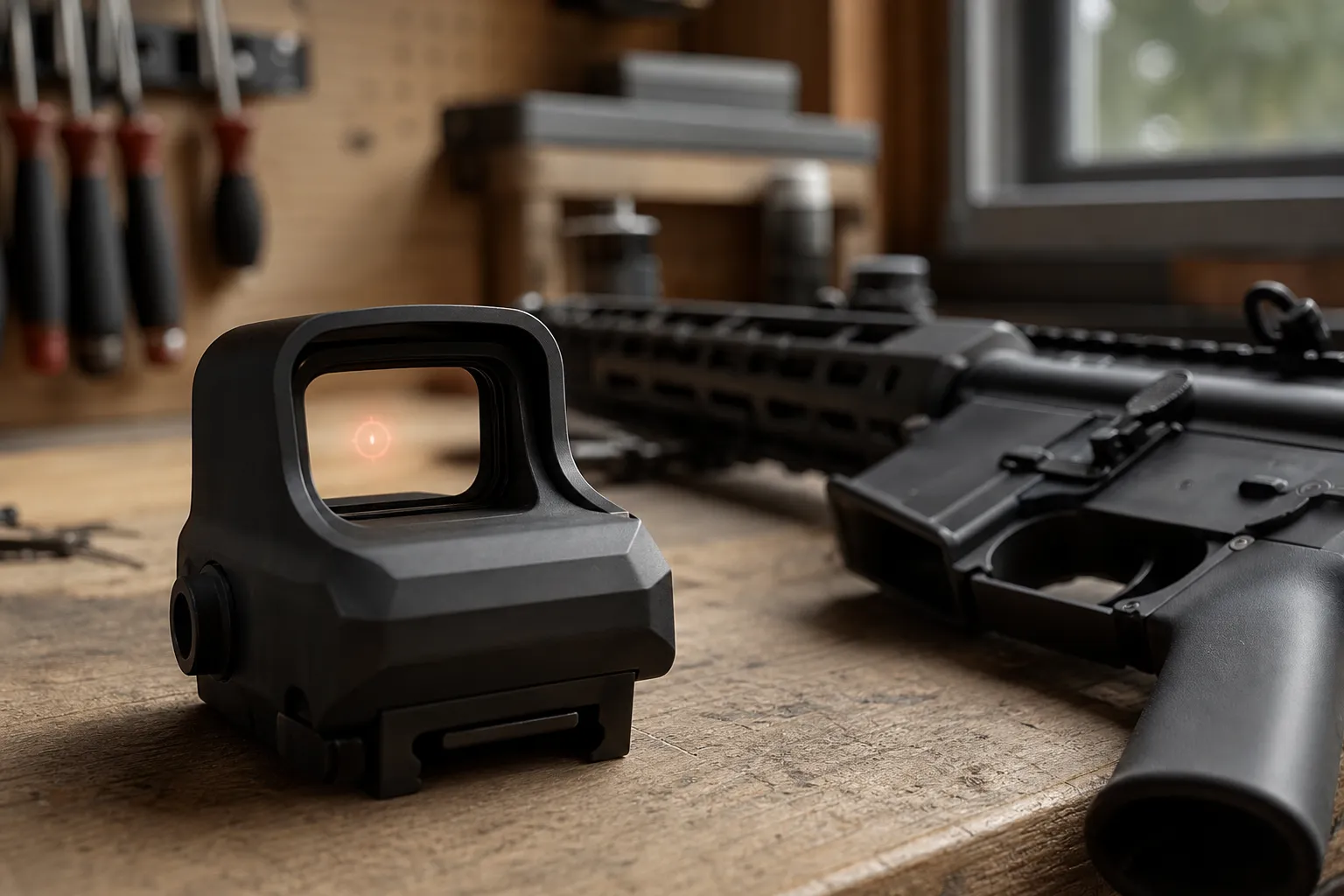 A generic holographic sight sits beside an unloaded rifle on a workbench, with the reticle effect visible through the window.