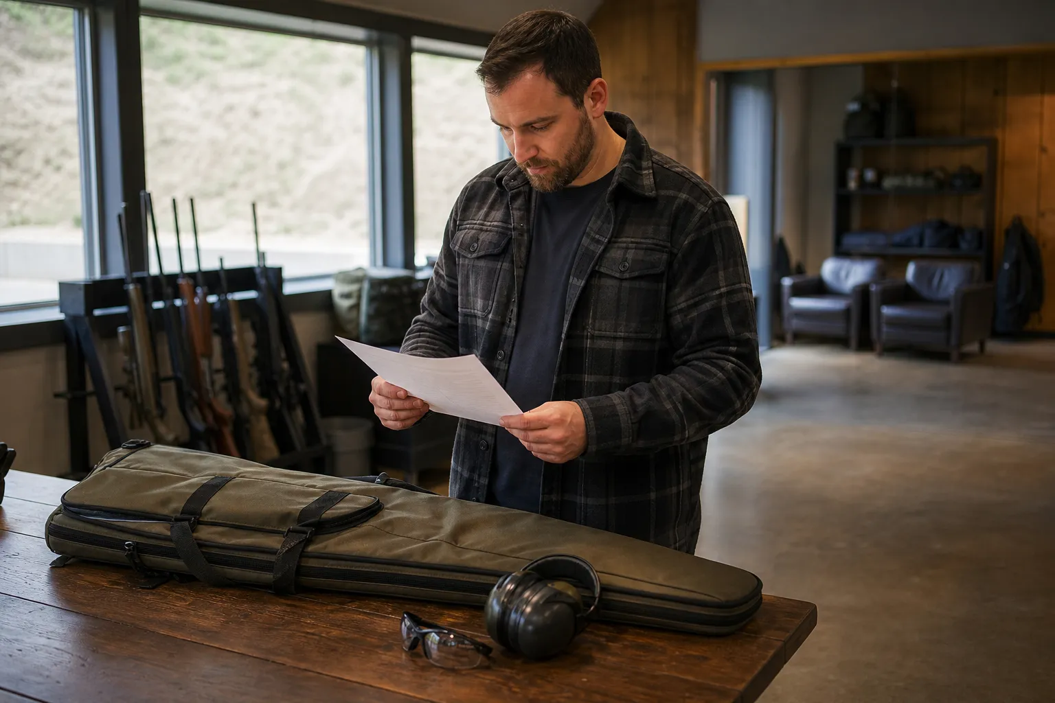 An adult shooter prepares gear and reviews range rules before heading to the range.