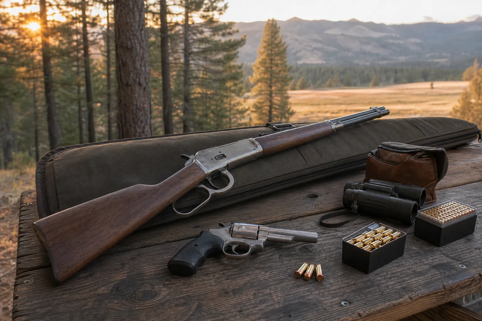A revolver and lever action rifle rest safely on a bench at an outdoor shooting area with shooting gear and trees in the background.