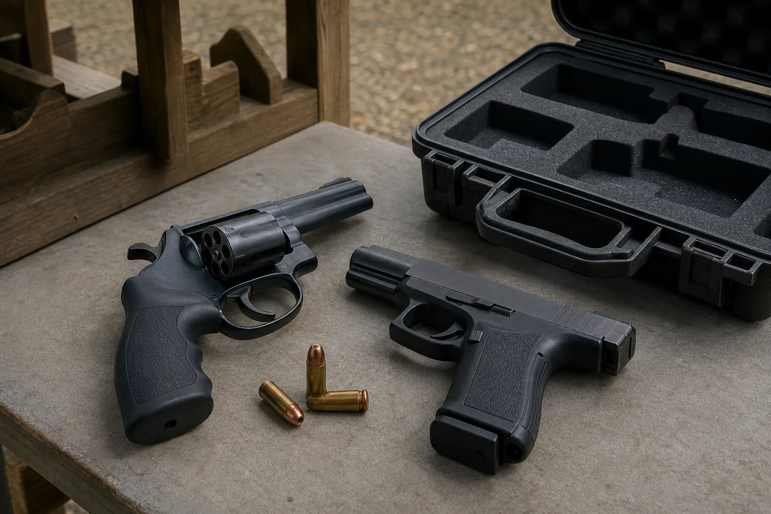 A revolver and a semi automatic pistol laid out on a table with a few cartridges to illustrate the basic difference in design.