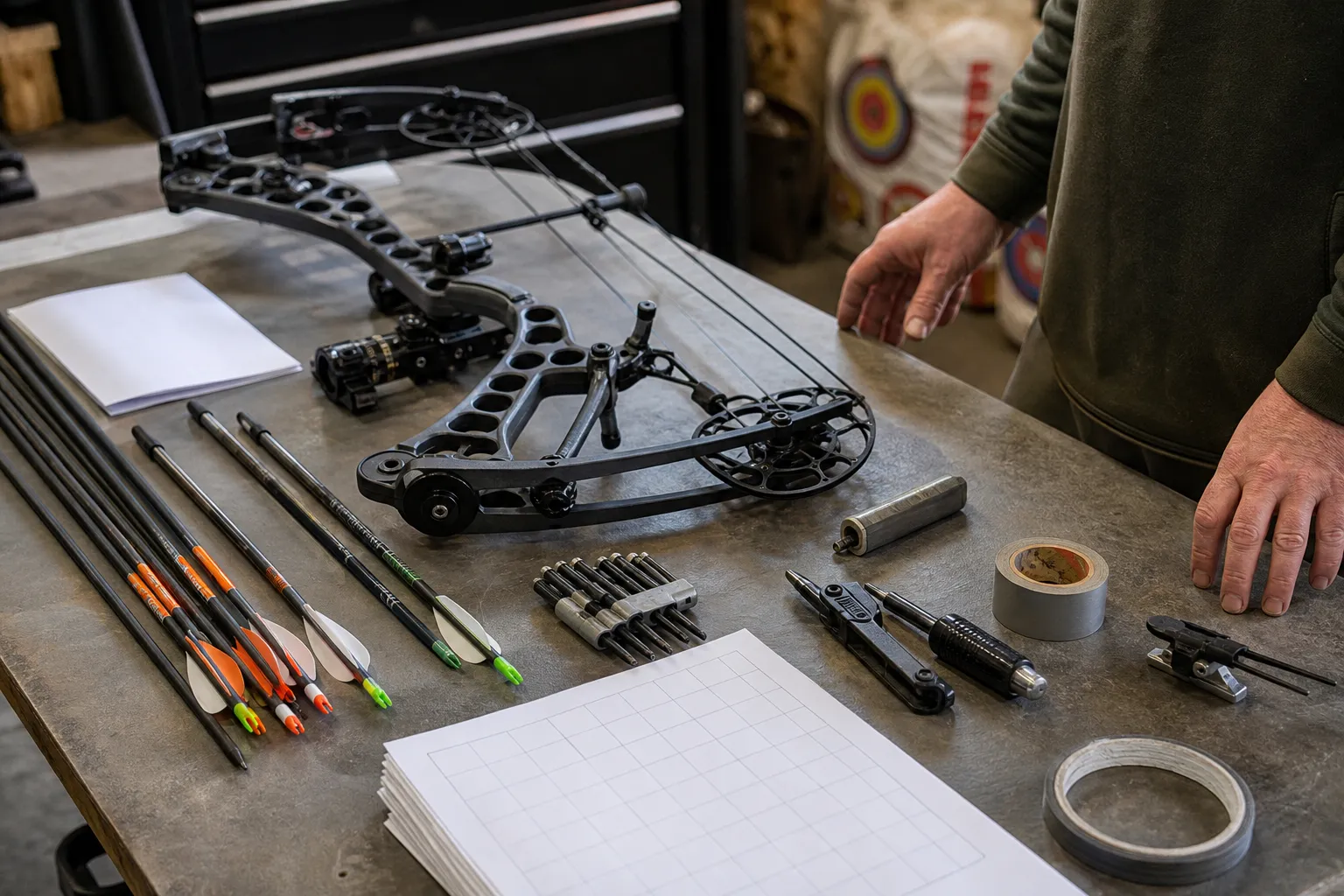 A bow, arrows, paper sheets, and basic tuning tools are laid out on a workbench.