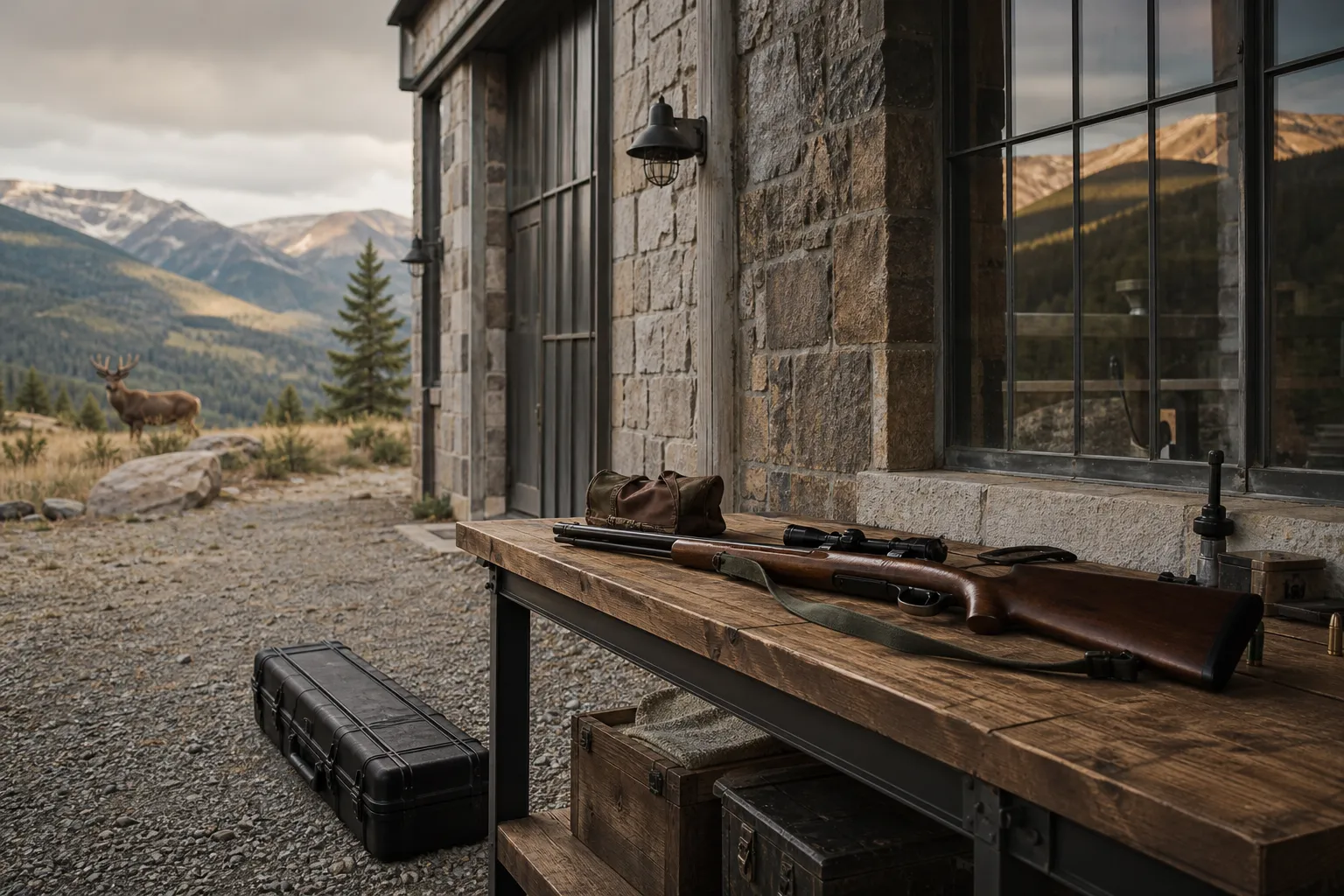 A documentary style scene of a firearms case and industrial building exterior that suggests heritage and manufacturing history.