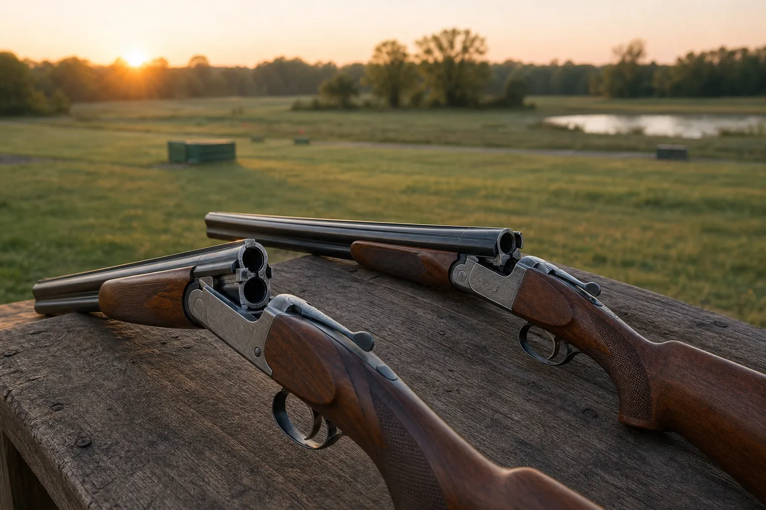 Two unloaded double barrel shotguns rest on a bench, one stacked vertically and one placed side by side, at an outdoor range.