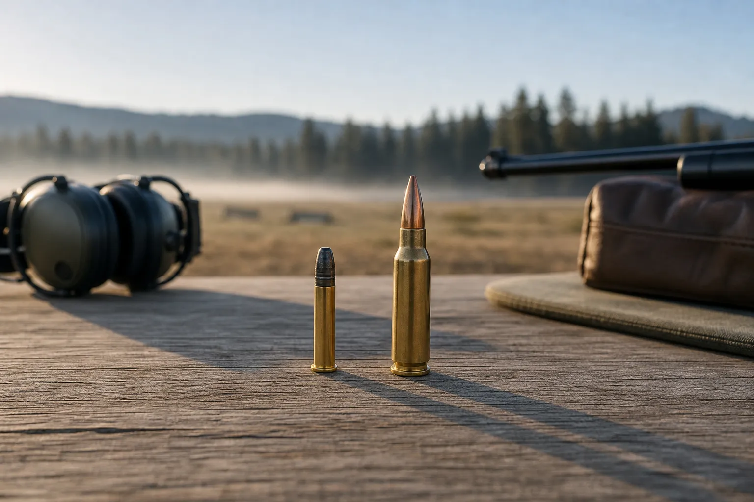 Two cartridges are shown side by side on a wooden table to illustrate the difference between rimfire and centerfire ammunition.