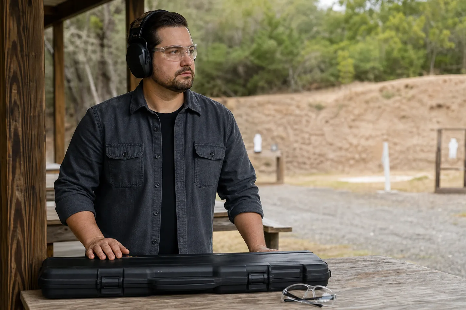An adult at an outdoor range wearing clear shooting glasses beside a safe, resting rifle case and protective eyewear on a bench.