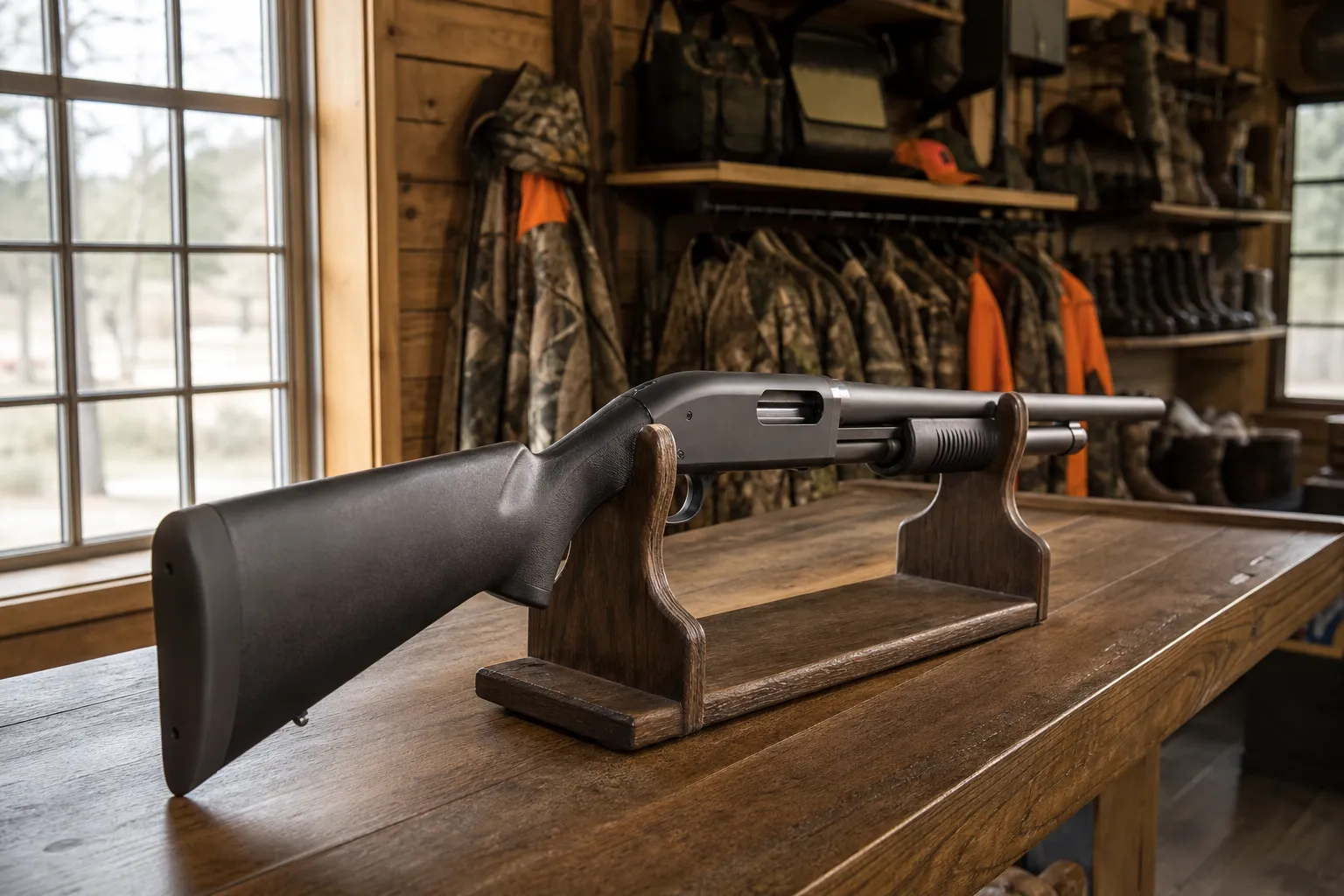 An unloaded pump shotgun rests on a wooden rack inside a rustic gun shop with hunting gear in the background.