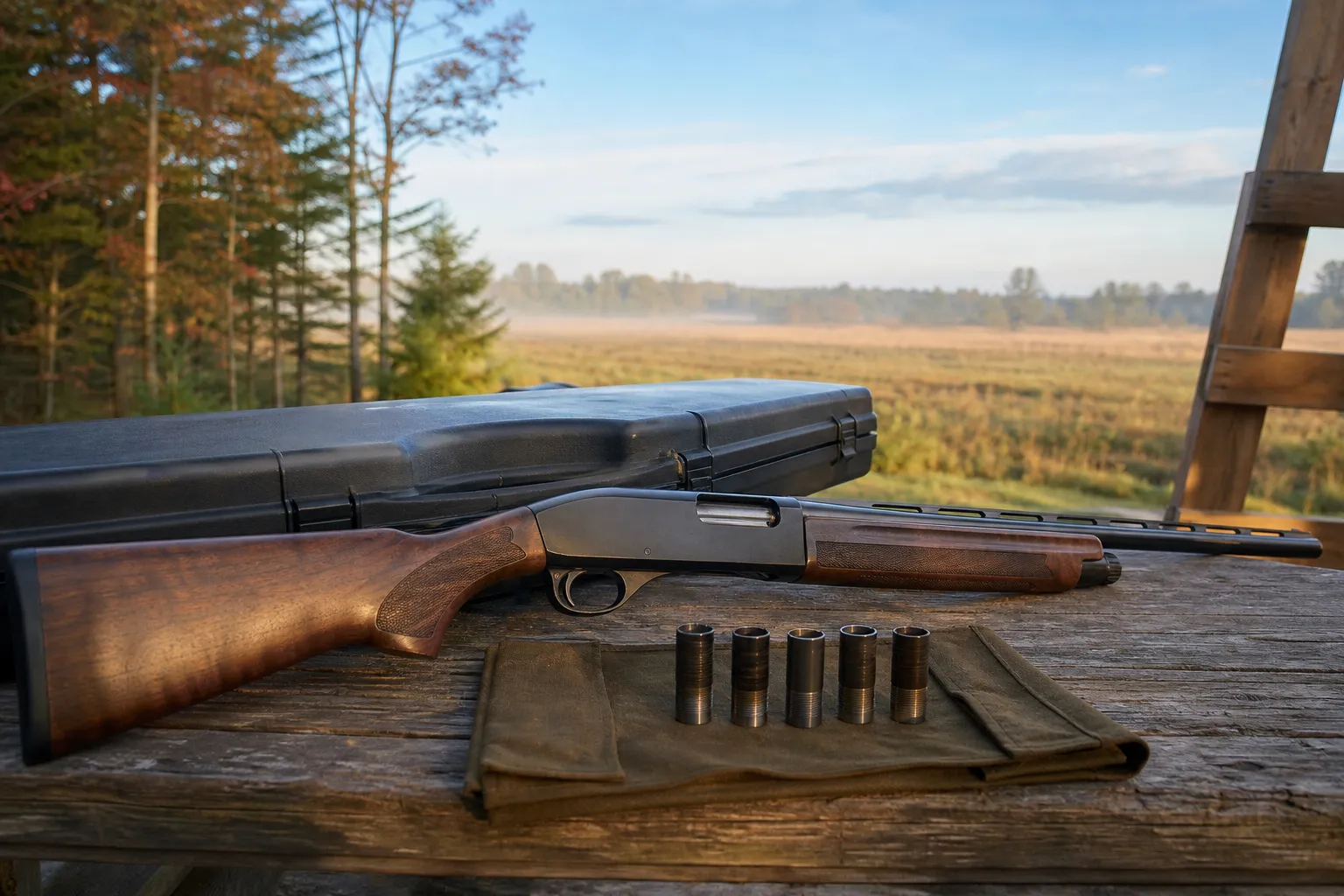A shotgun rests safely on a bench beside choke tubes and a case in an outdoor setting.