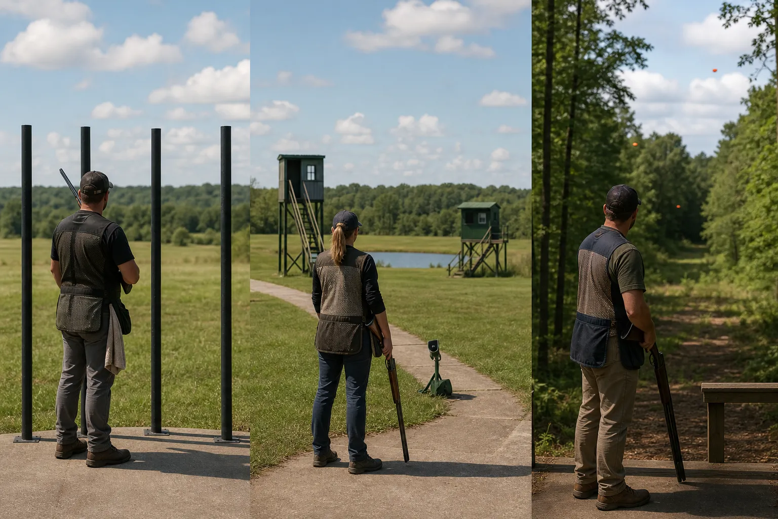 A three part scene showing trap, skeet, and sporting clays layouts at an outdoor range.