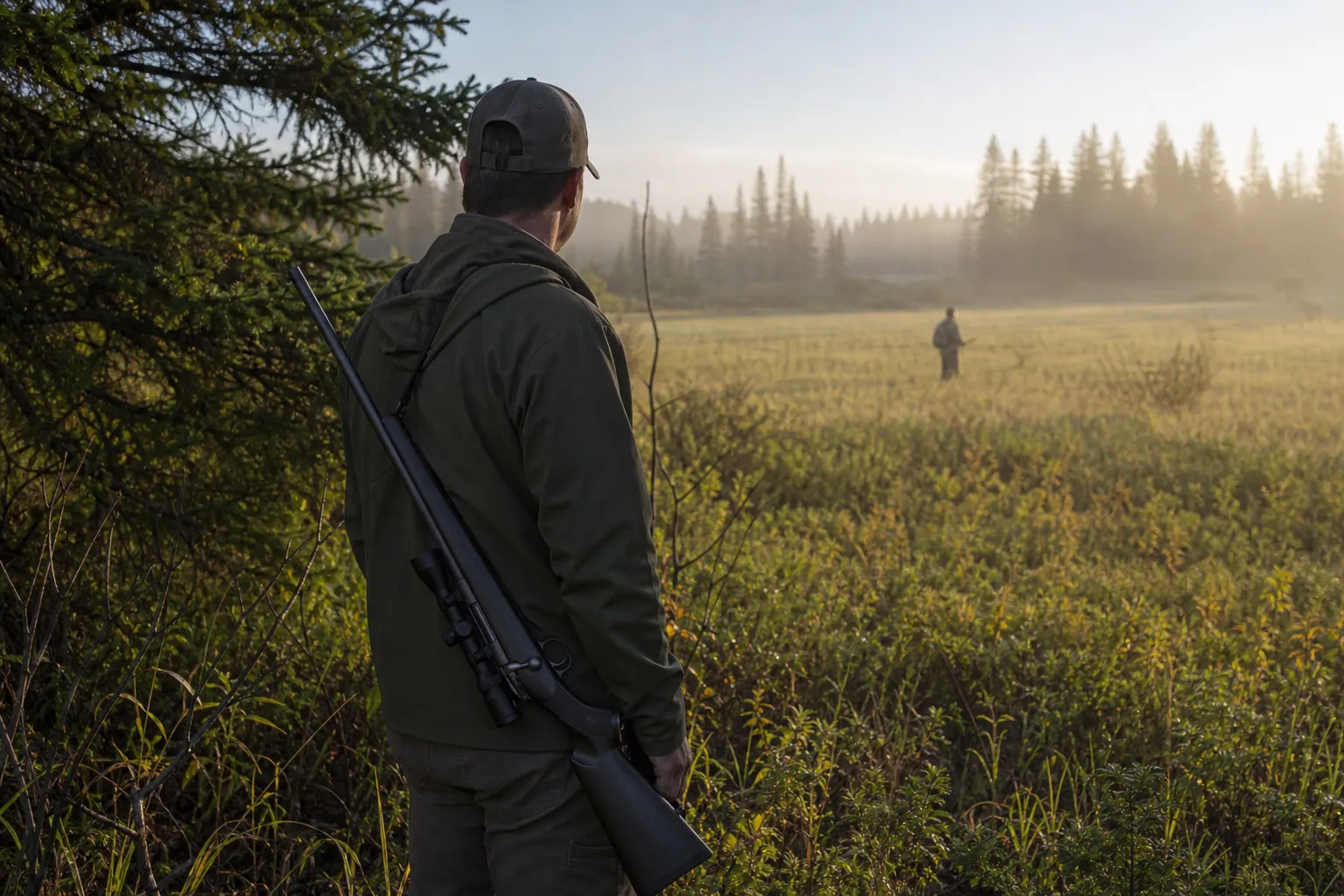 An adult shooter stands in a wooded field at dawn with an unloaded rifle and a mounted non magnified optic.
