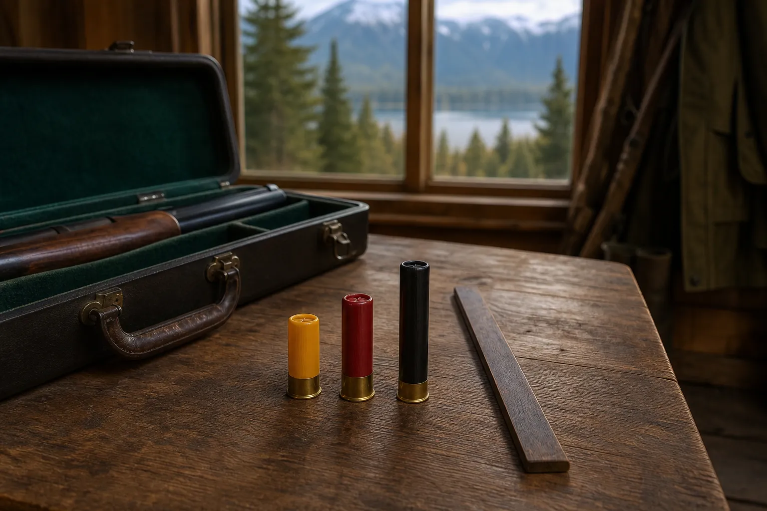 Three shotgun shells of different lengths arranged side by side on a table next to an open case.