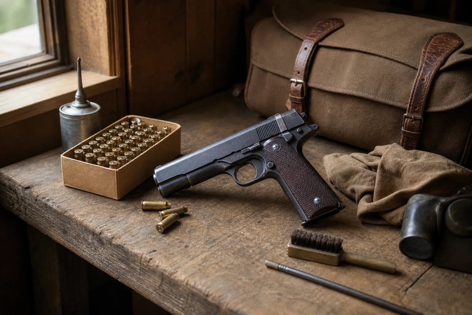 A vintage style handgun and ammunition sit neatly arranged on a wooden workbench.
