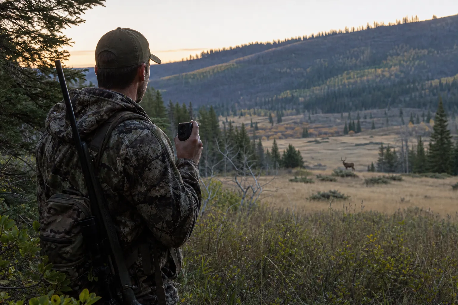 A hunter uses a handheld rangefinder at the edge of a meadow while looking toward a distant hillside at dawn.