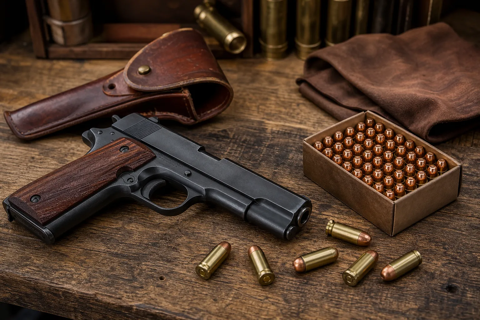 A classic pistol, cartridges, and vintage shooting gear arranged on a wooden workbench in soft natural light.