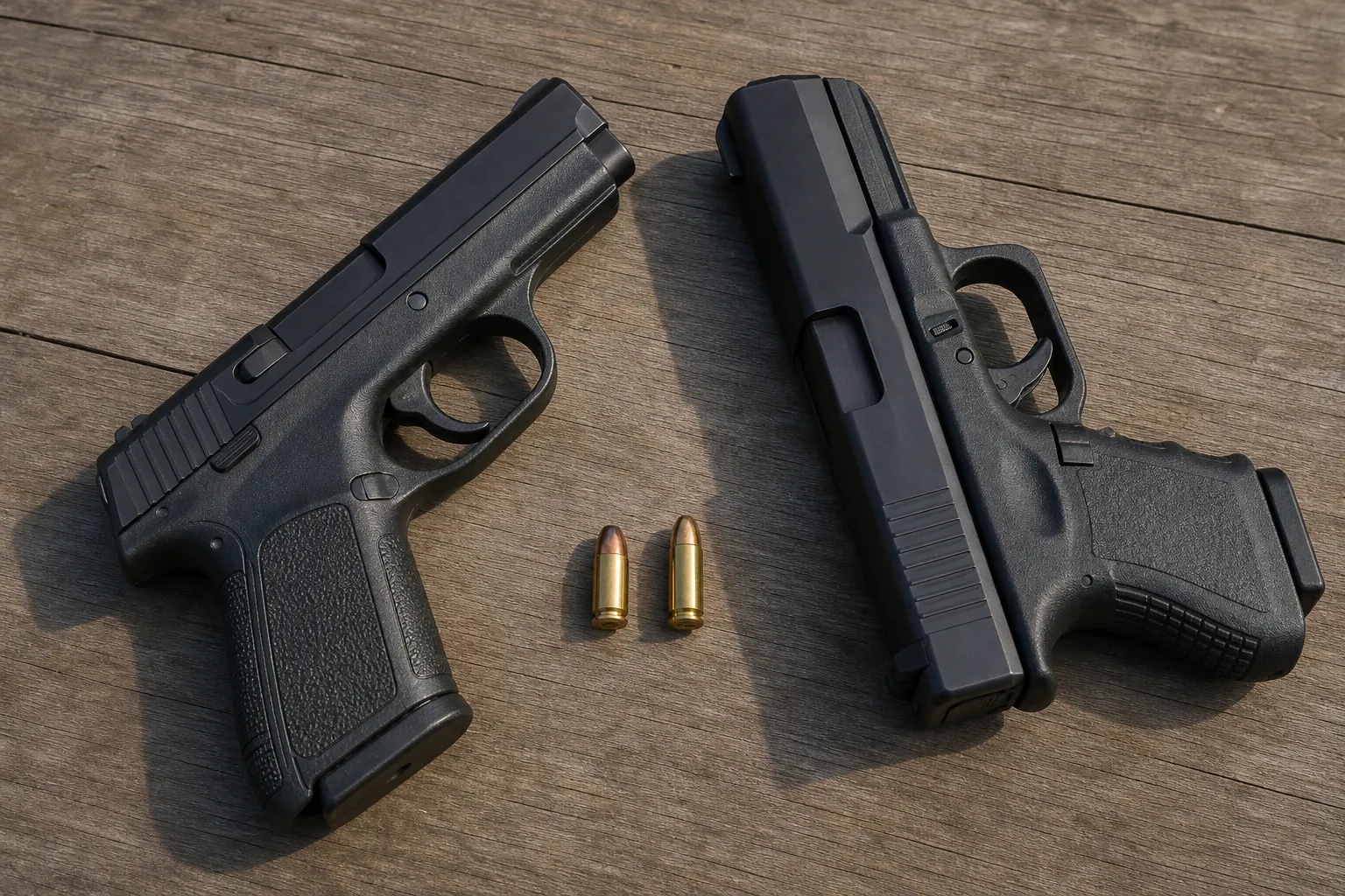Two cartridges and two unloaded generic pistols arranged for a quick visual comparison.