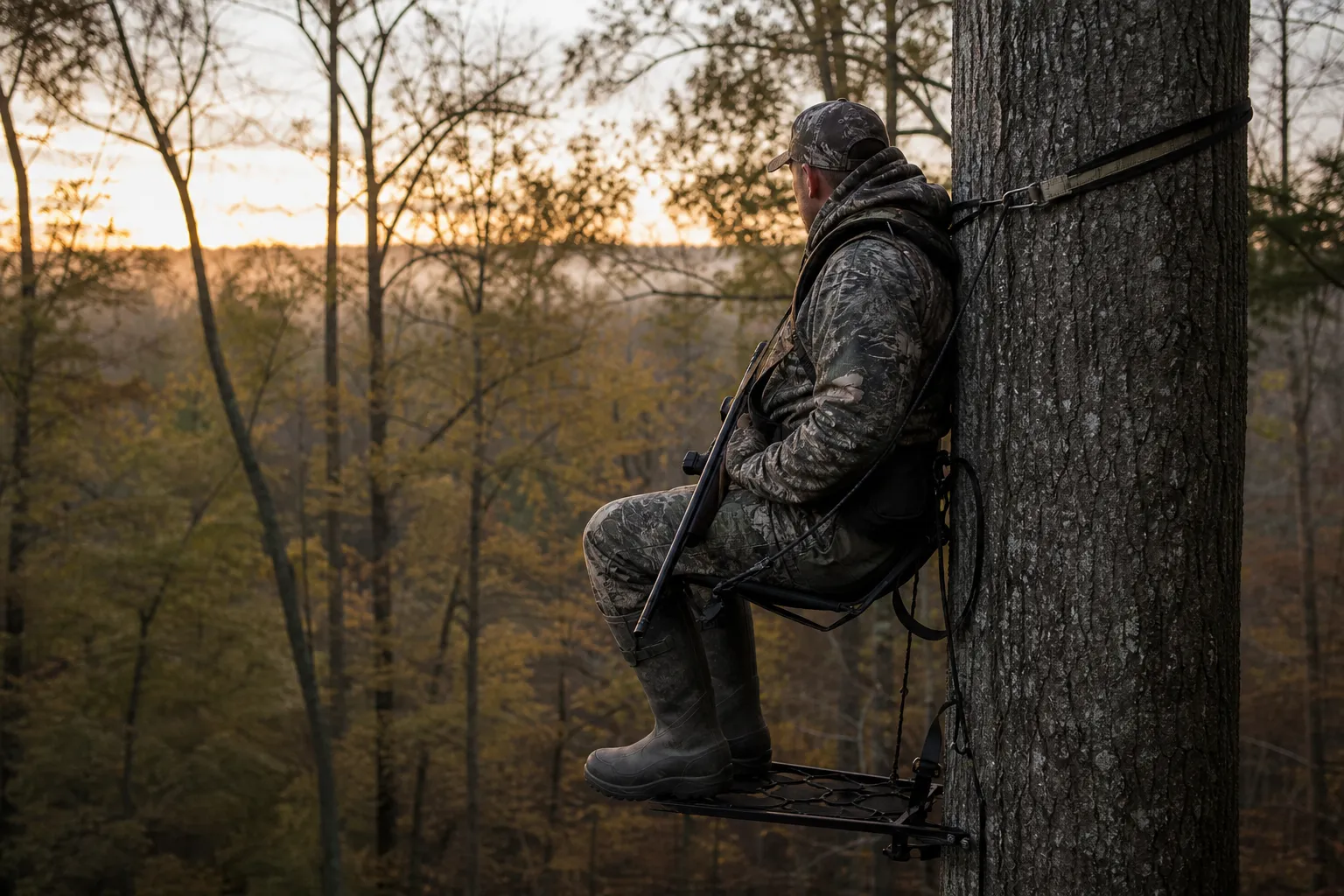 A hunter sits quietly in a tree saddle above a forest floor with a tether and small platform visible beside the tree.