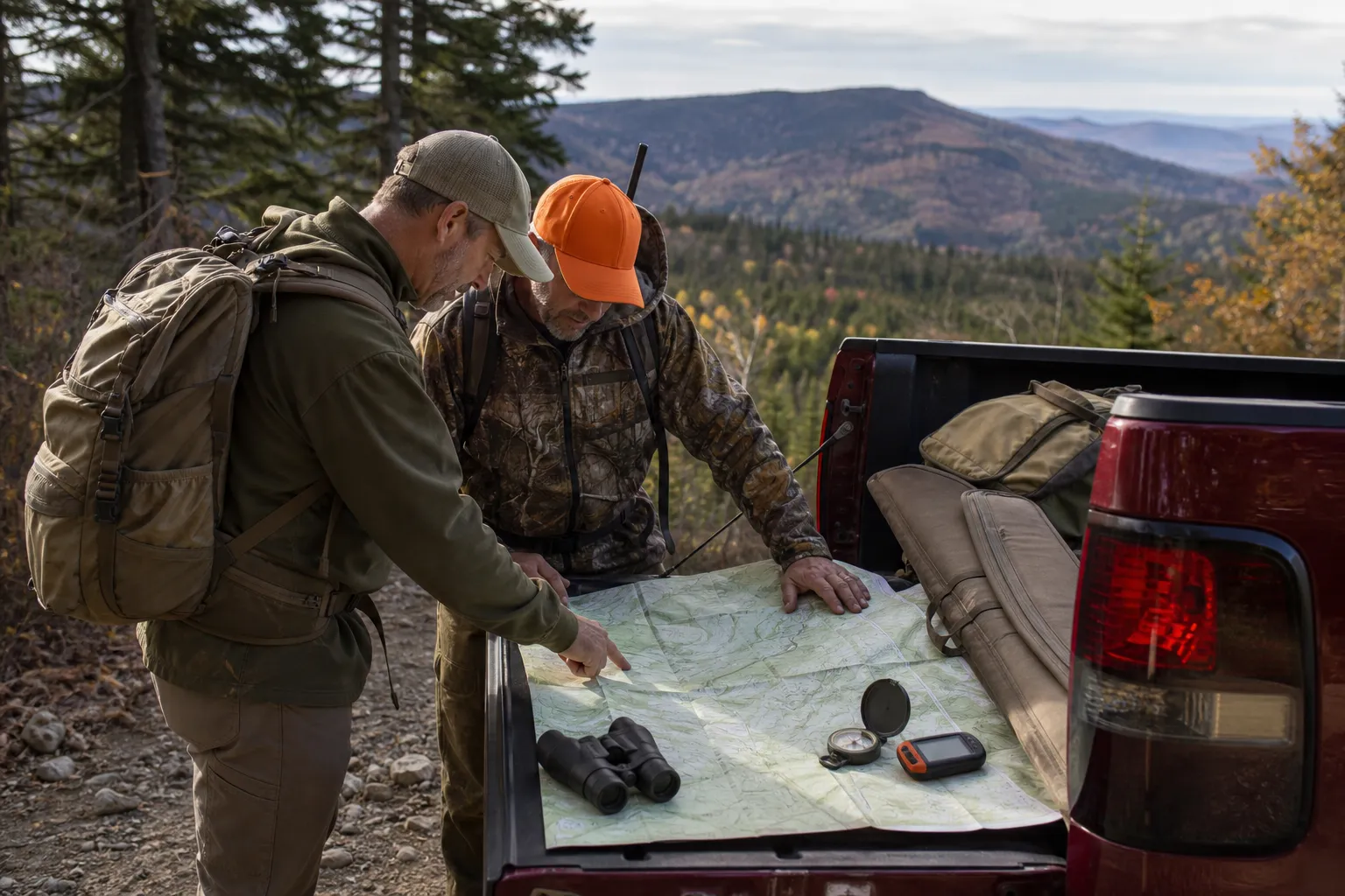 A hiker and hunter study a paper topographic map beside a trailhead with hills and forest in the background.