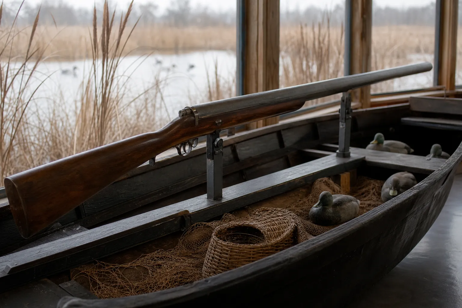 A large historic punt gun displayed in a shallow boat inside a museum setting, emphasizing its size and waterfowl hunting history.