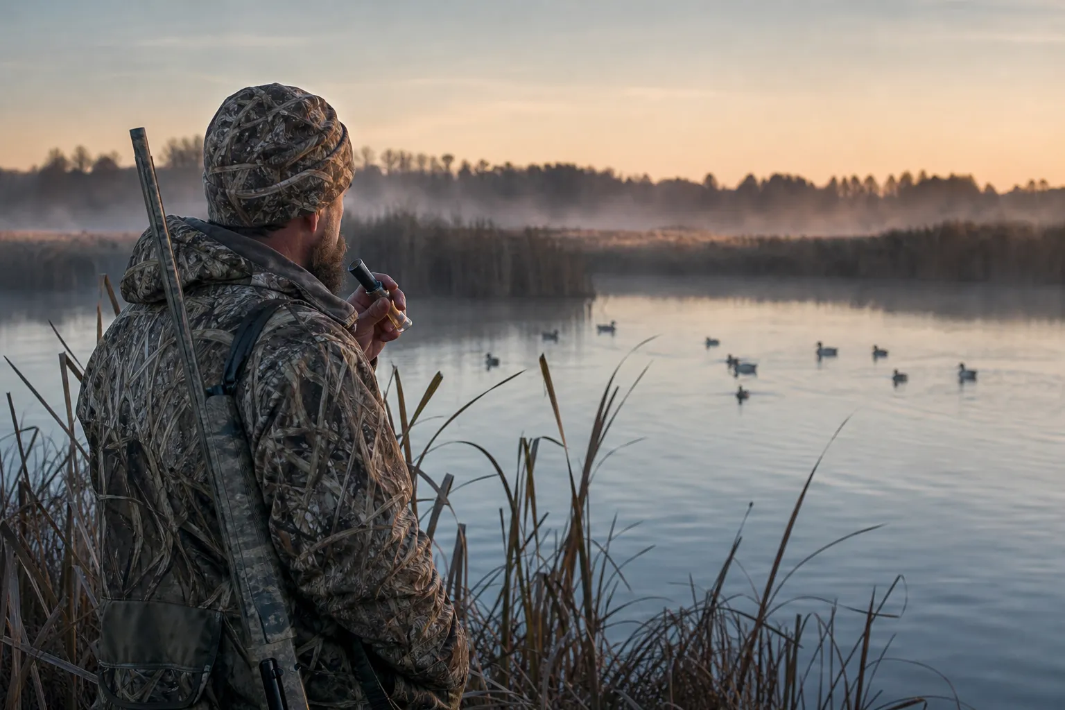 A hunter stands beside a marsh at dawn with a duck call in hand while mallards float on the water nearby.