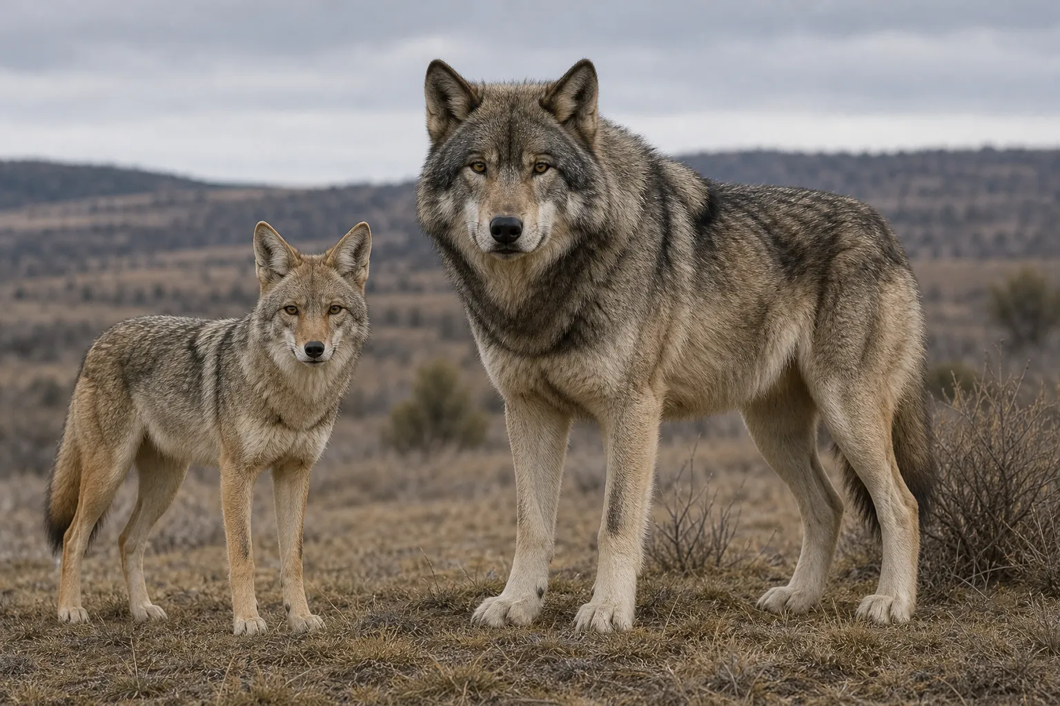 A coyote and a larger wolf standing in open habitat to show the difference in body size and build.