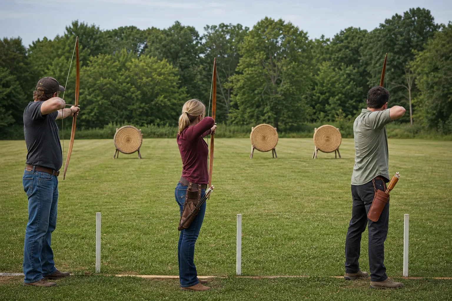 Adult archers practice with traditional bows at a quiet outdoor range.