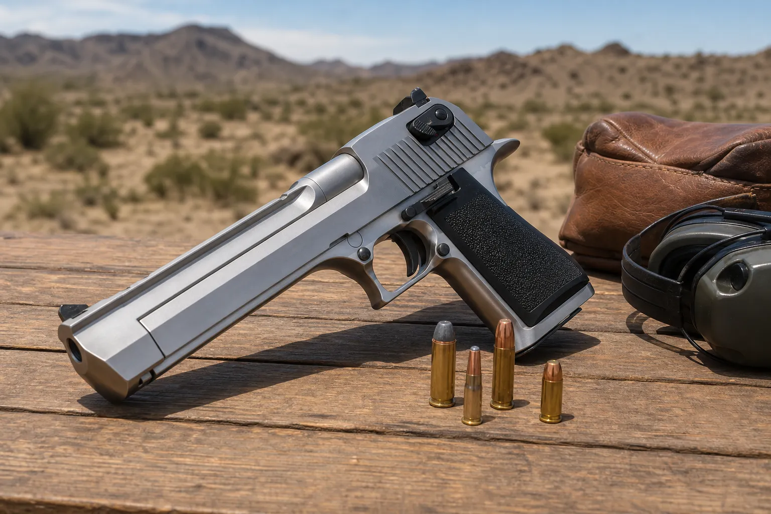A large stainless steel magnum style pistol rests safely on a shooting bench with cartridges and range gear in a desert setting.