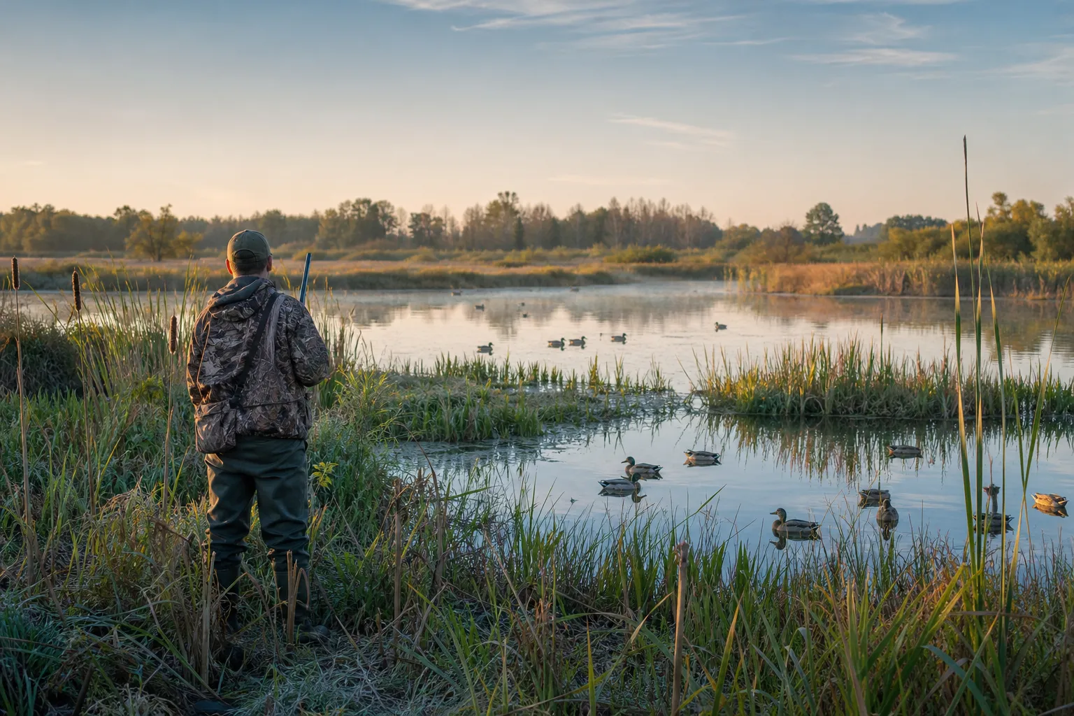 A marsh pond with reeds, cattails, and several mallards resting on the water.