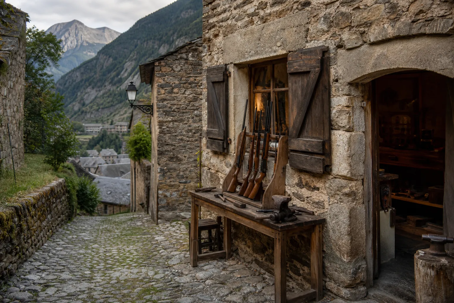 An old stone workshop street in a mountain valley town that suggests Beretta’s historic origins.