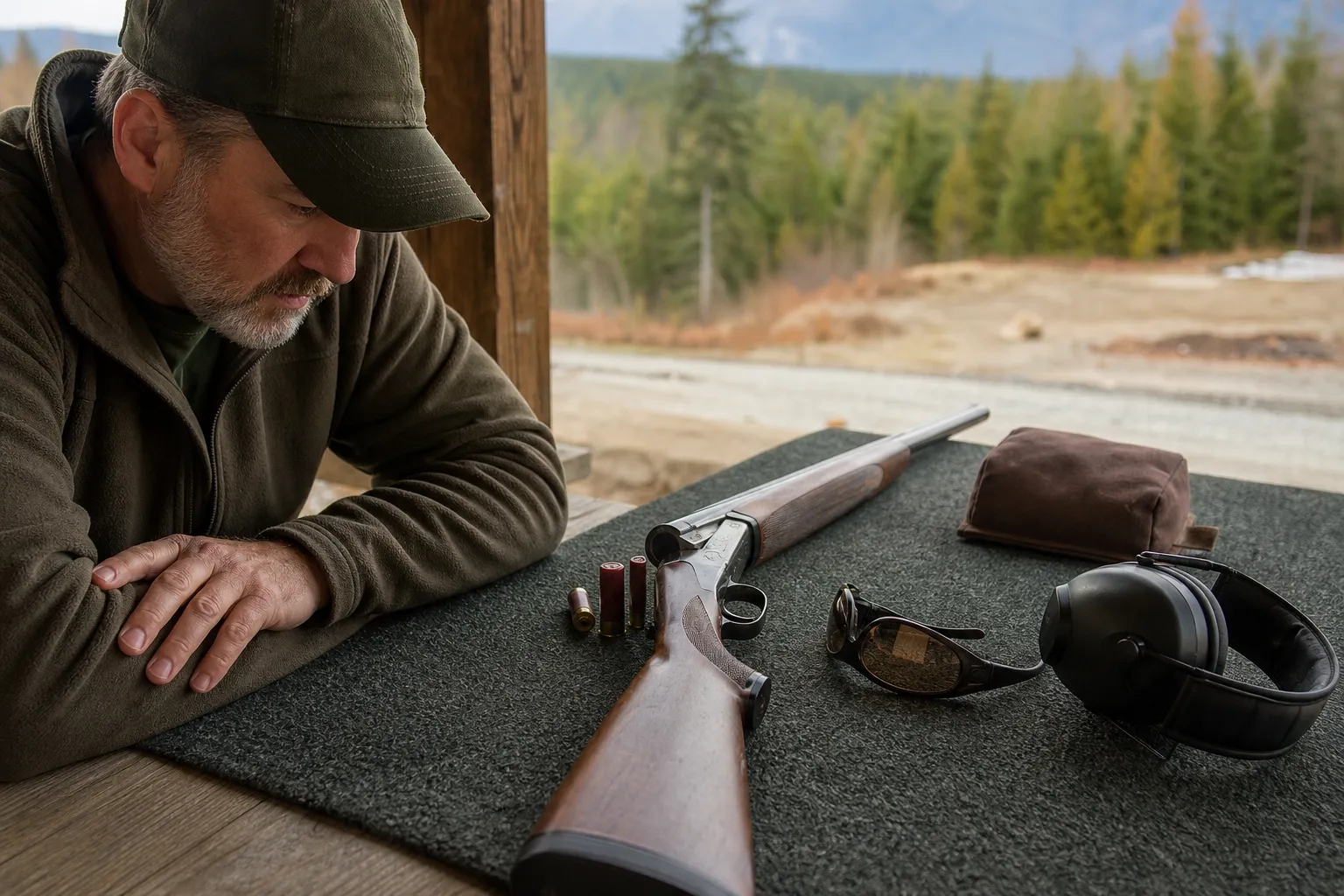 An adult shooter at an outdoor range looks at a safely resting firearm on a bench after a suspicious weak shot.