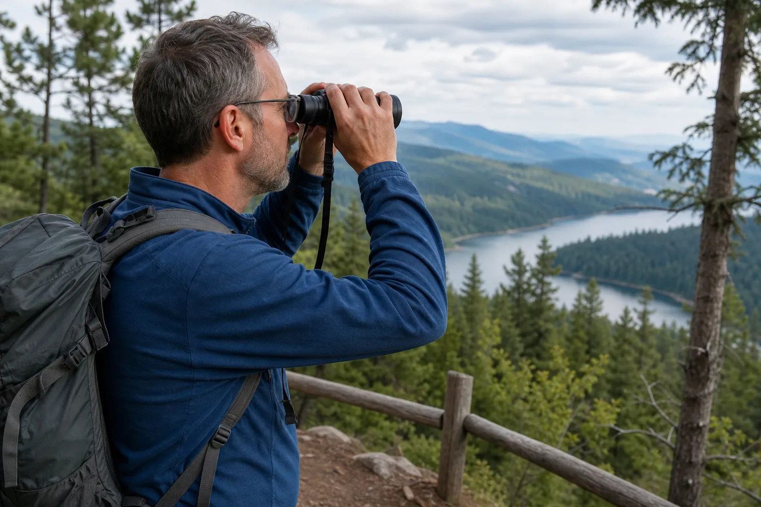 A person wearing eyeglasses looks through binoculars while standing on a forest overlook.