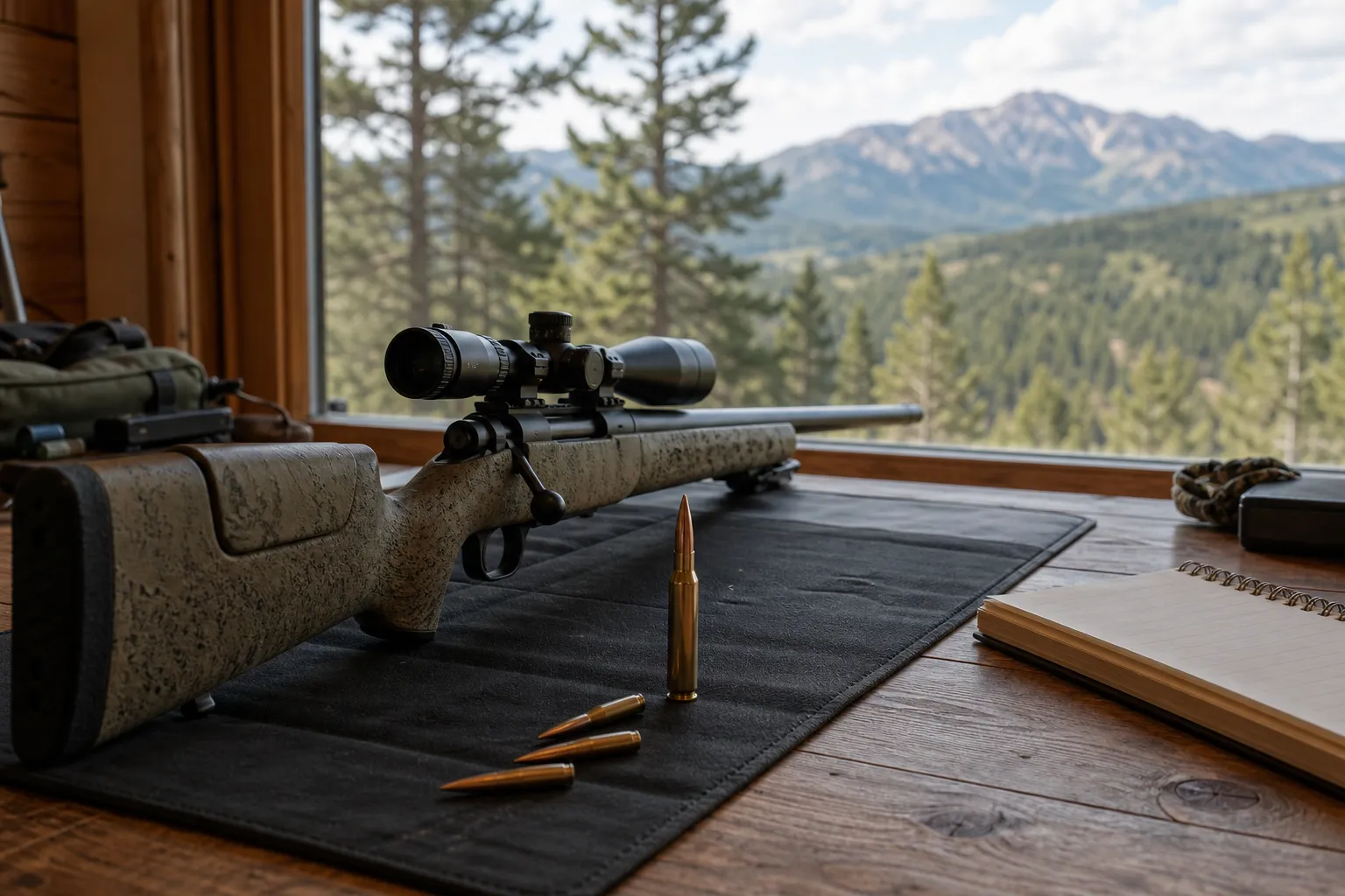 A safe tabletop display shows a rifle cartridge beside a modern bolt action rifle and reloading gear.