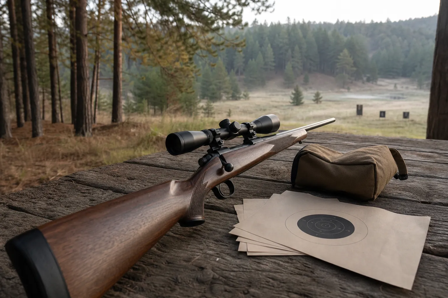 A hunting rifle with a simple scope resting safely on a bench in a forest clearing.