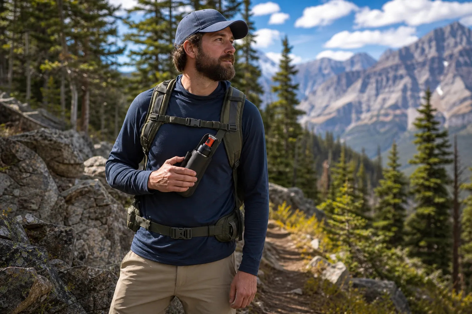 A hiker carries bear spray in a chest holster for quick access on a mountain trail.