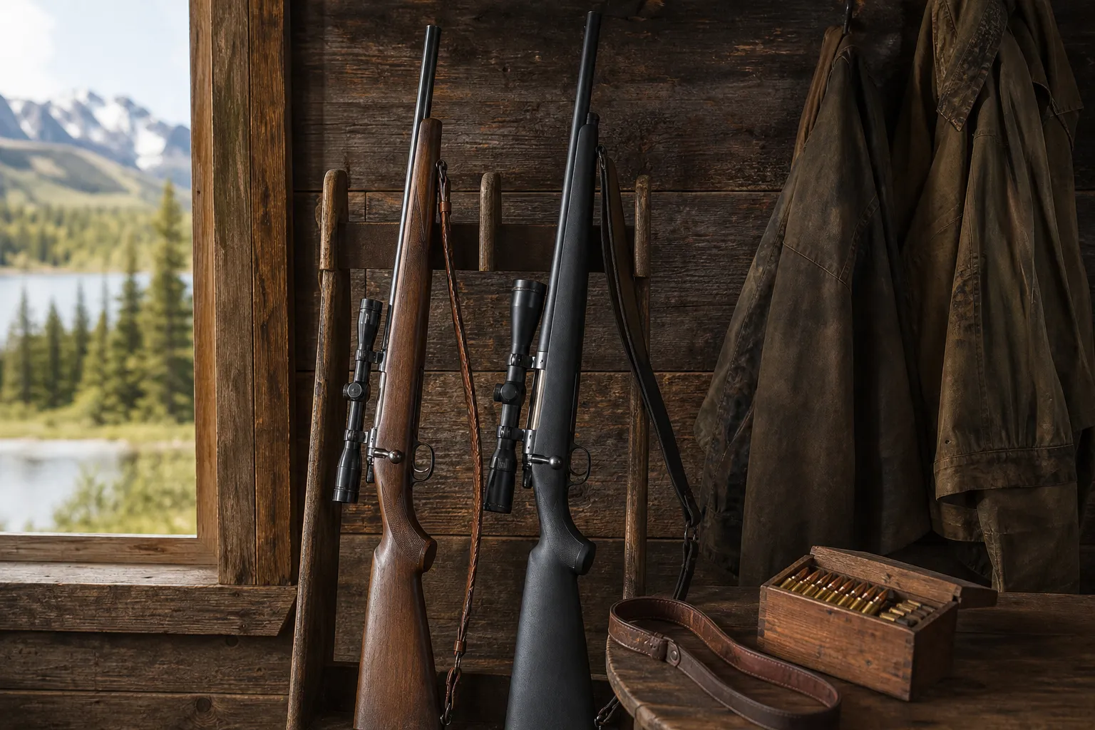 An older style rifle and a modern hunting rifle displayed safely in a rustic camp setting.