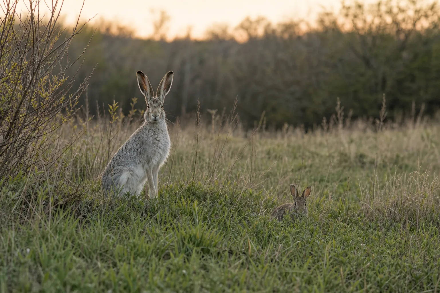 A hare and a rabbit in a natural North American meadow habitat for side by side comparison.