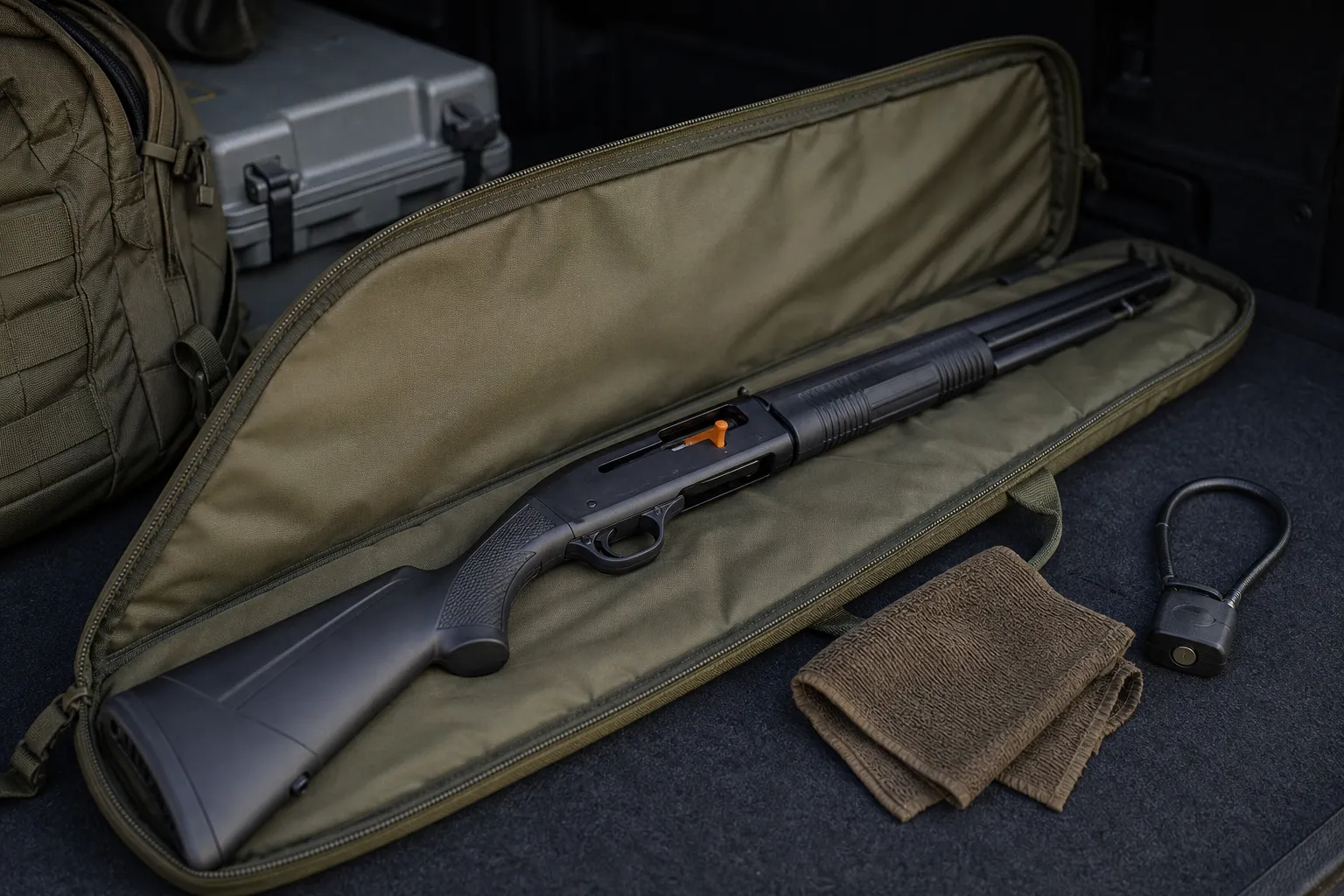 A cleared firearm in a case with a chamber flag visible during a storage or transport check.