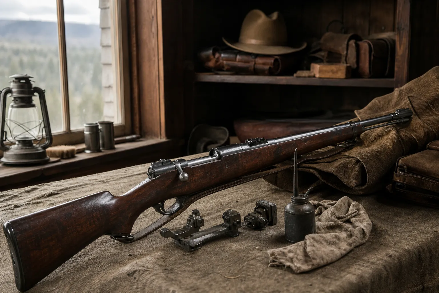 A vintage inspired rifle rests beside period gun cleaning gear in a workshop setting.