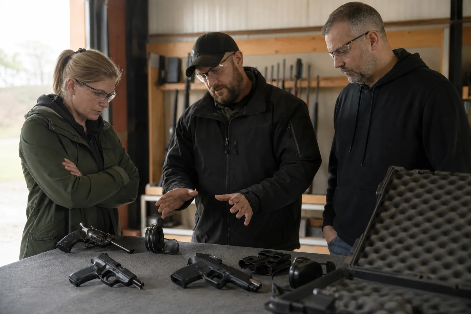 An instructor and two adult shooters review several safe, unloaded handguns laid out on a table in a range classroom.
